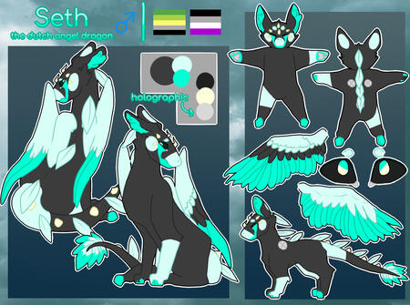 A reference sheet of a black and blue, nervous looking dutch angel dragon named Seth. His flags are aromantic and asexual. Character belongs to myself.