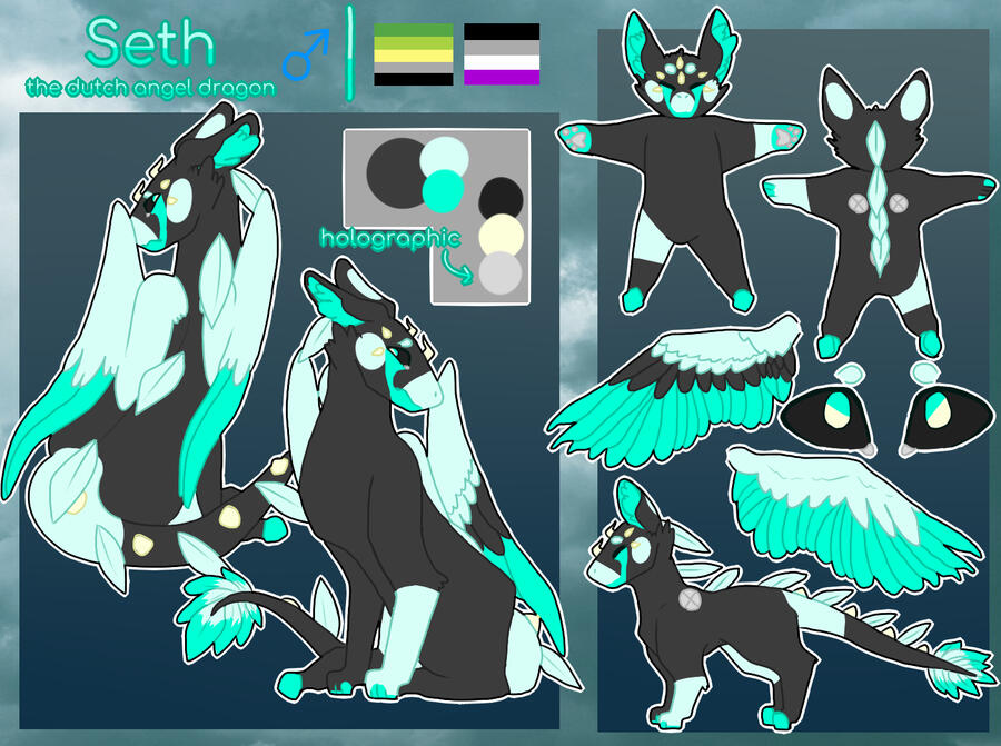 A reference sheet of a black and blue, nervous looking dutch angel dragon named Seth. His flags are aromantic and asexual. Character belongs to myself.