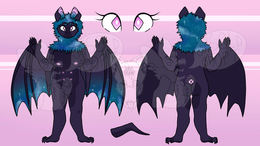 A reference sheet of a muted purple fruit bat with pink eyes and blue starry sky accents. This character is for sale on my Toyhouse!