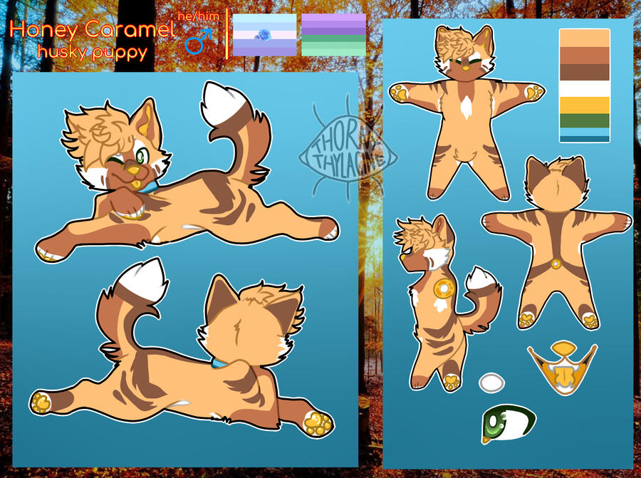 A reference sheet of a beige, brown and white husky puppy with green eyes named Honey Caramel. His flags are the blue rose mlm flag and femboy flag. Character belongs to @Methodical_Mayo on Twitter (deleted account).
